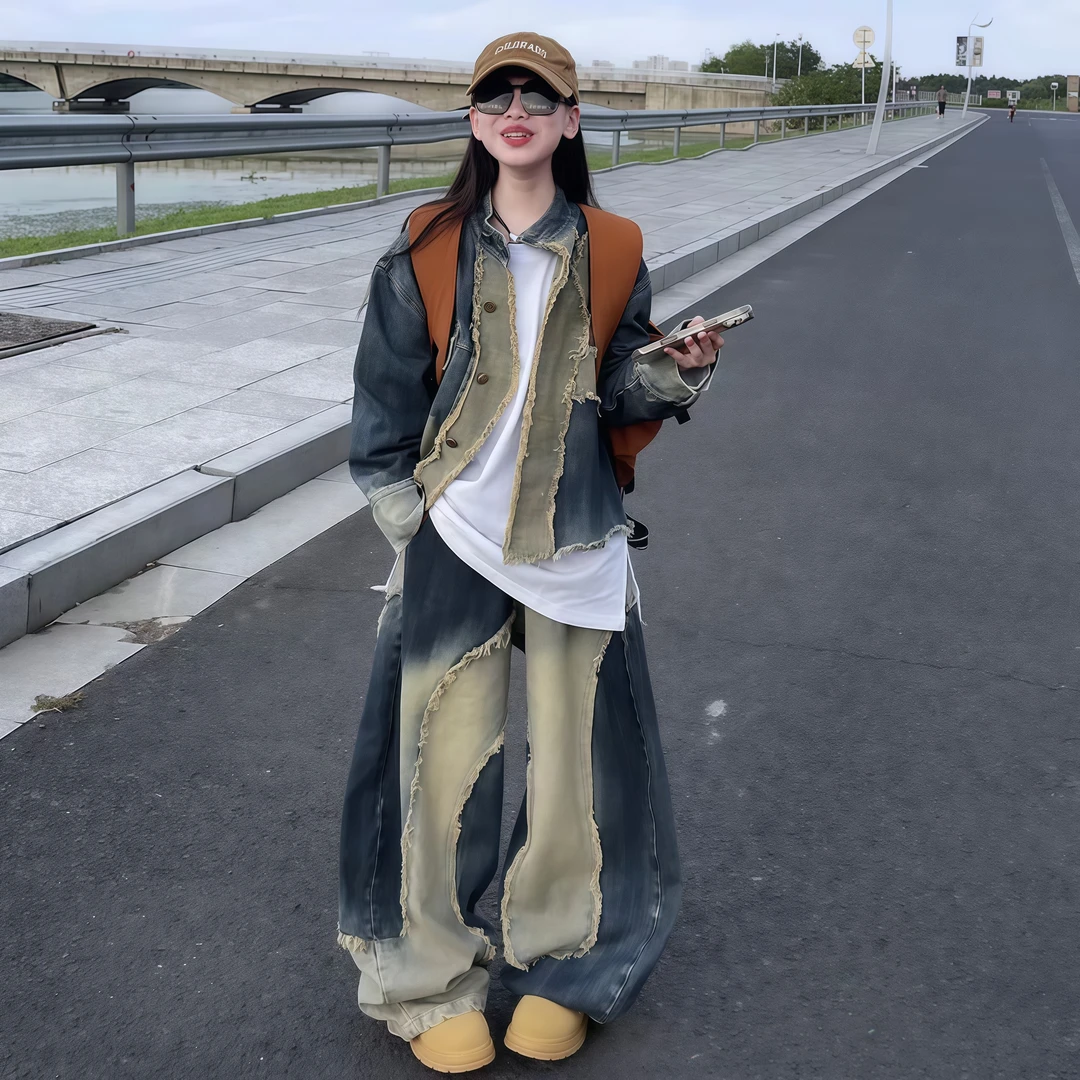 女童重工拼接牛仔套装春秋季2025新款儿童韩版夹克外套弯刀阔腿裤