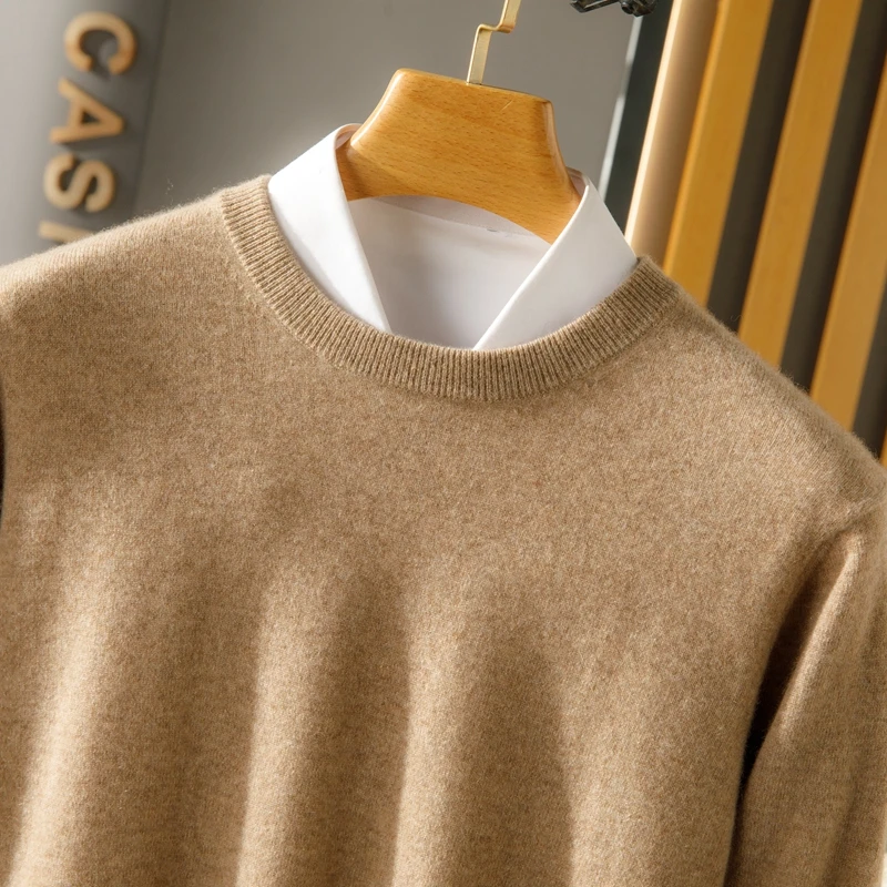 羊范秋冬新款100%纯山羊绒男士圆领针织衫双层袖简约百搭套头毛衣