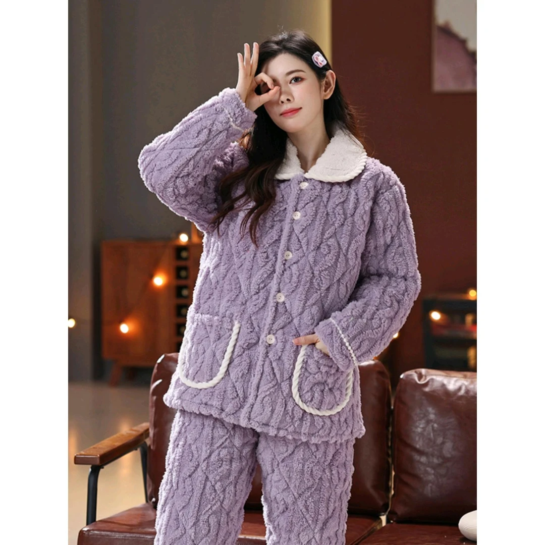 睡衣女冬季珊瑚绒加厚加绒三层夹棉超女老年人加爸爸珊瑚绒睡衣