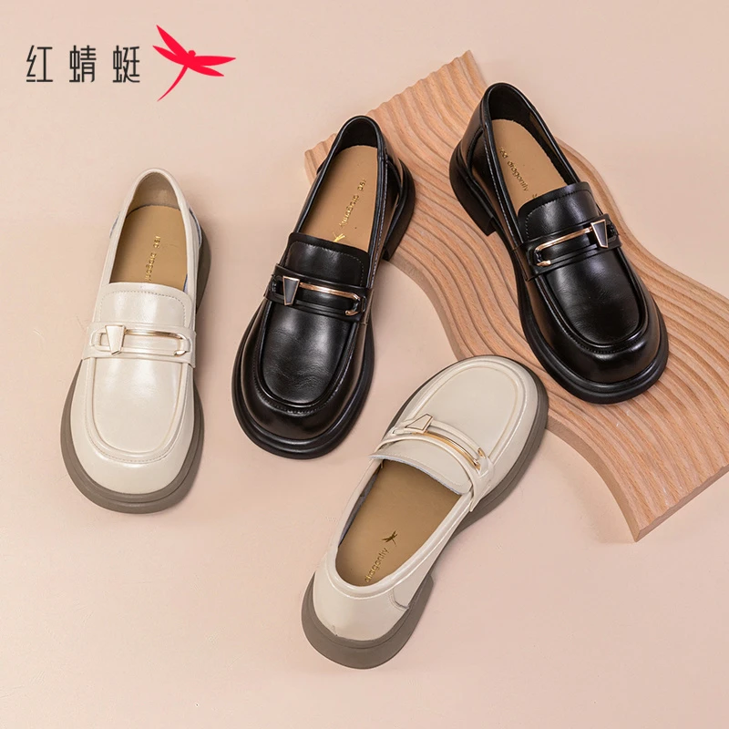 红蜻蜓厚底乐福鞋女2025春秋新款女鞋增高一脚蹬英伦风小皮鞋
