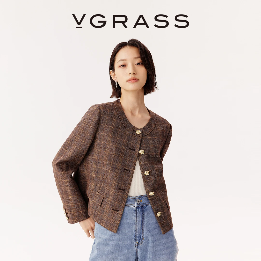 【羊羊专属】VGRASS复古夹色格纹外套25早秋新款精纺绵羊毛混纺