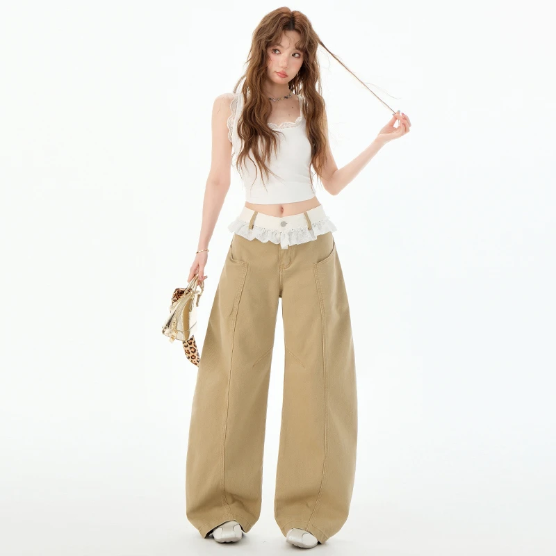 卡其色牛仔裤女2025年春夏新款蕾丝腰头设计宽松显瘦阔腿弯刀裤子