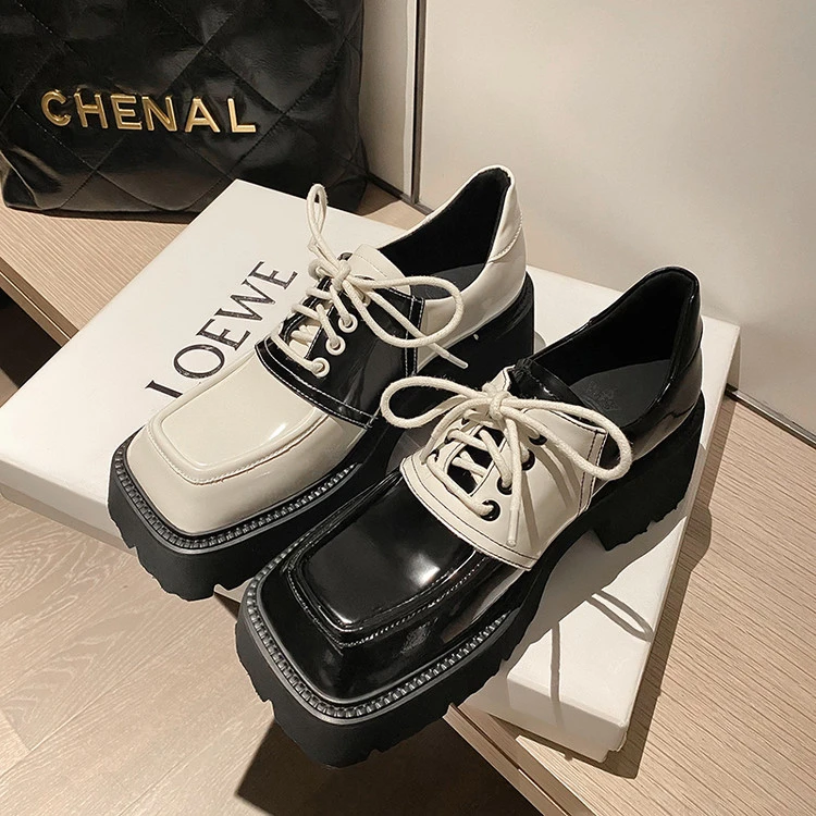 2025年秋季复古风松糕底拼色方头系带厚底学院风乐福鞋单鞋百搭