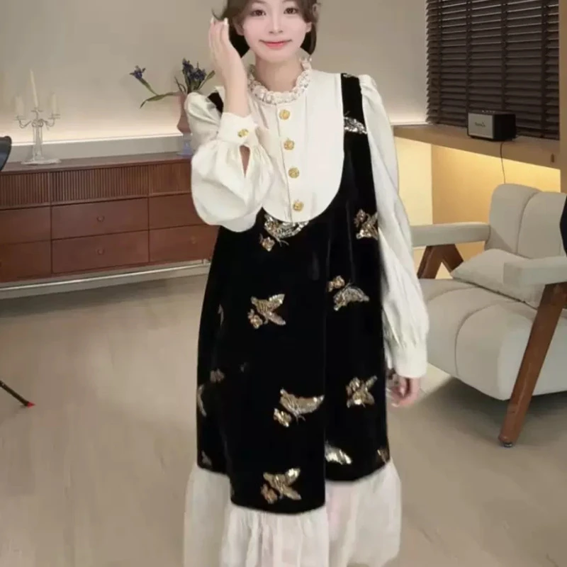 长裙子小众名媛气质蝴蝶结丝绒长款连衣裙2025秋季连衣裙显瘦夏季