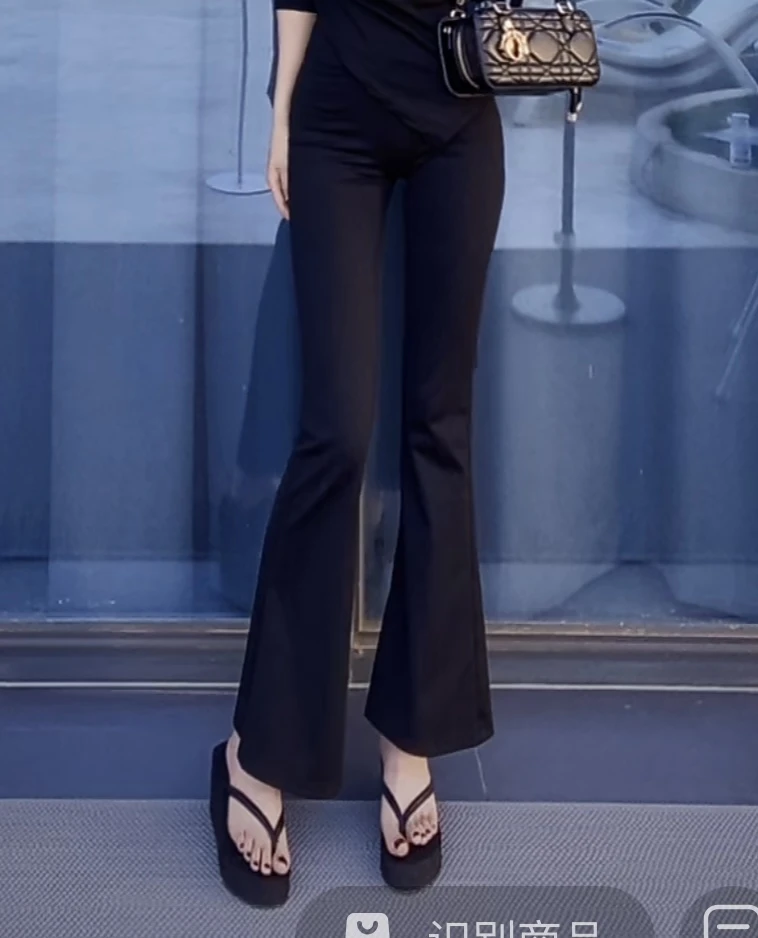 「熙熙-韵紫色」2025新款爆款冰皮光面微喇裤高腰显瘦喇叭裤-套装