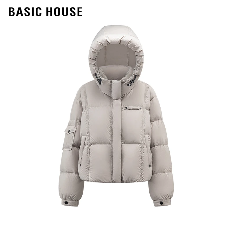 百家好/Basic House冬季连帽抽绳短款羽绒服女2024宽松鸭绒厚外套