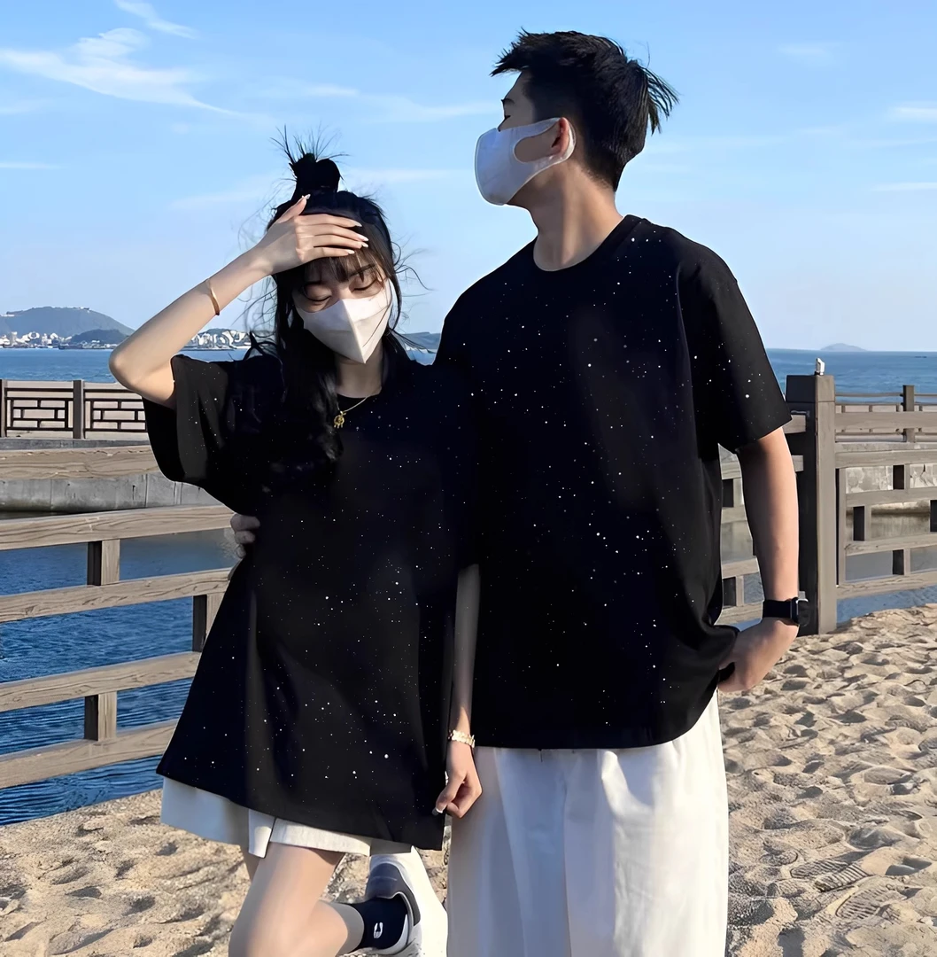 满天星短袖T恤男潮流宽松帅气半袖体恤衫ins星空情侣休闲百搭上衣