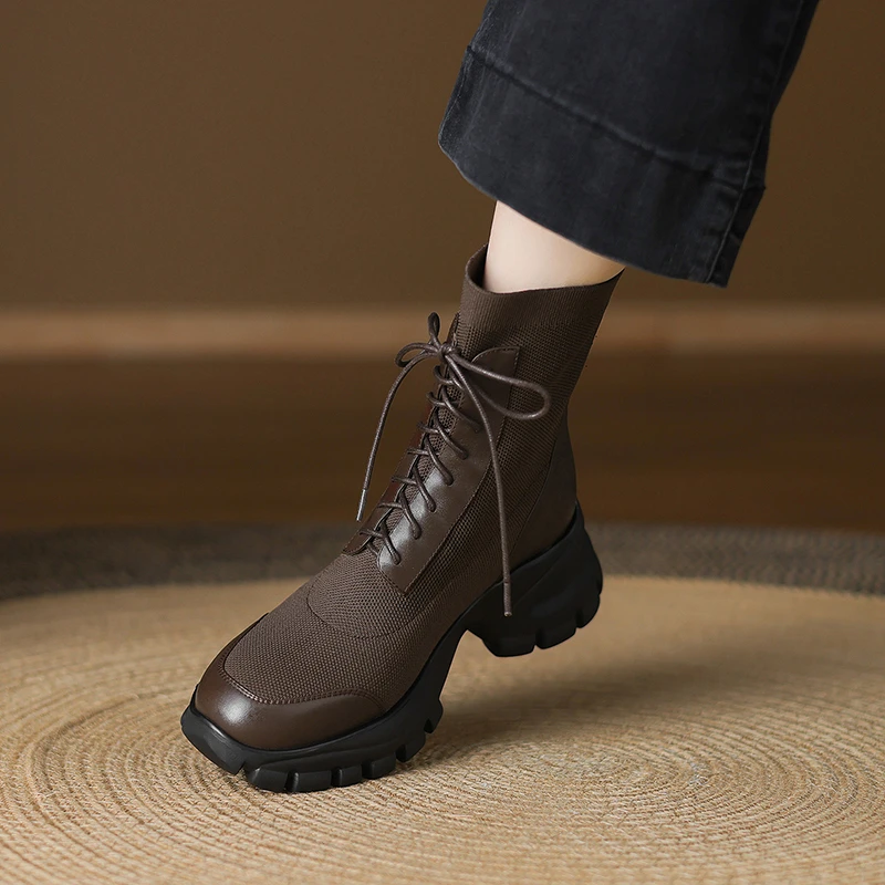 时尚轻便休闲系带马丁靴女圆头松糕厚底短筒瘦瘦靴子透气弹力袜靴