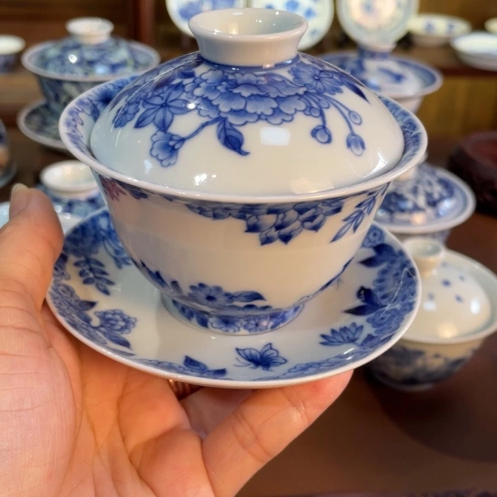 包**姐手工手绘蝶恋花盖碗