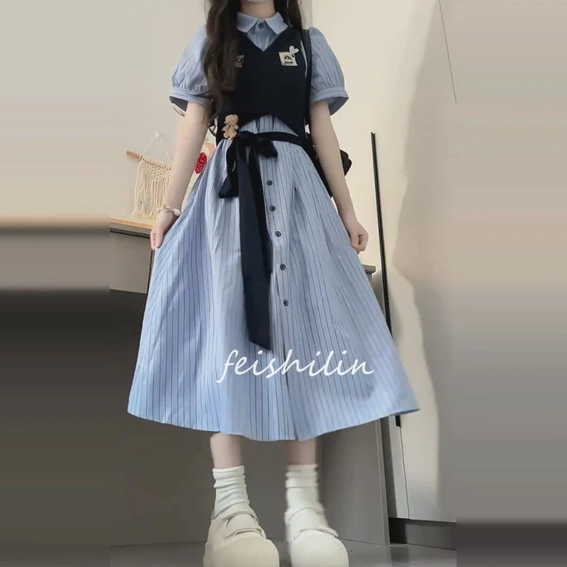 法式高级感条纹衬衫连衣裙子女早春季2025新款设计感小众收腰长裙