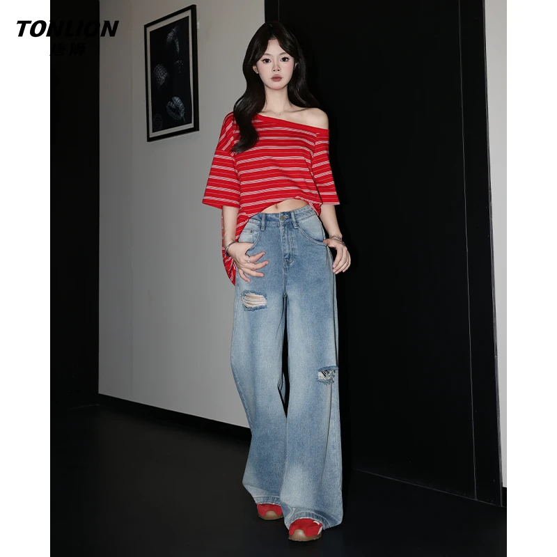 唐狮复古浅蓝高腰阔腿牛仔裤女美式高街辣妹破洞宽松慵懒感直筒裤