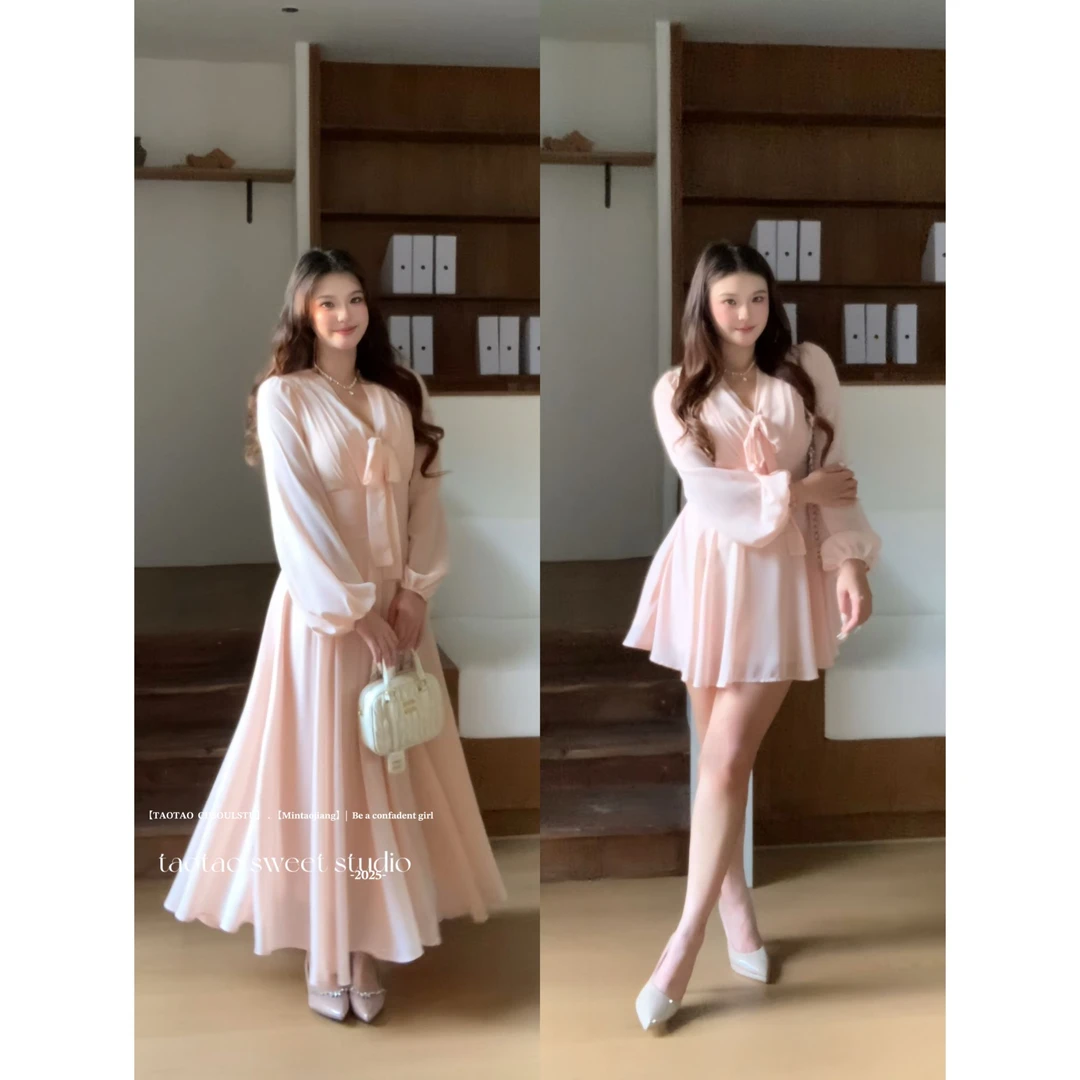 SWEET【钓系千金】微胖纯欲温柔千金感收腰V领蝴蝶结绑带显瘦连衣裙