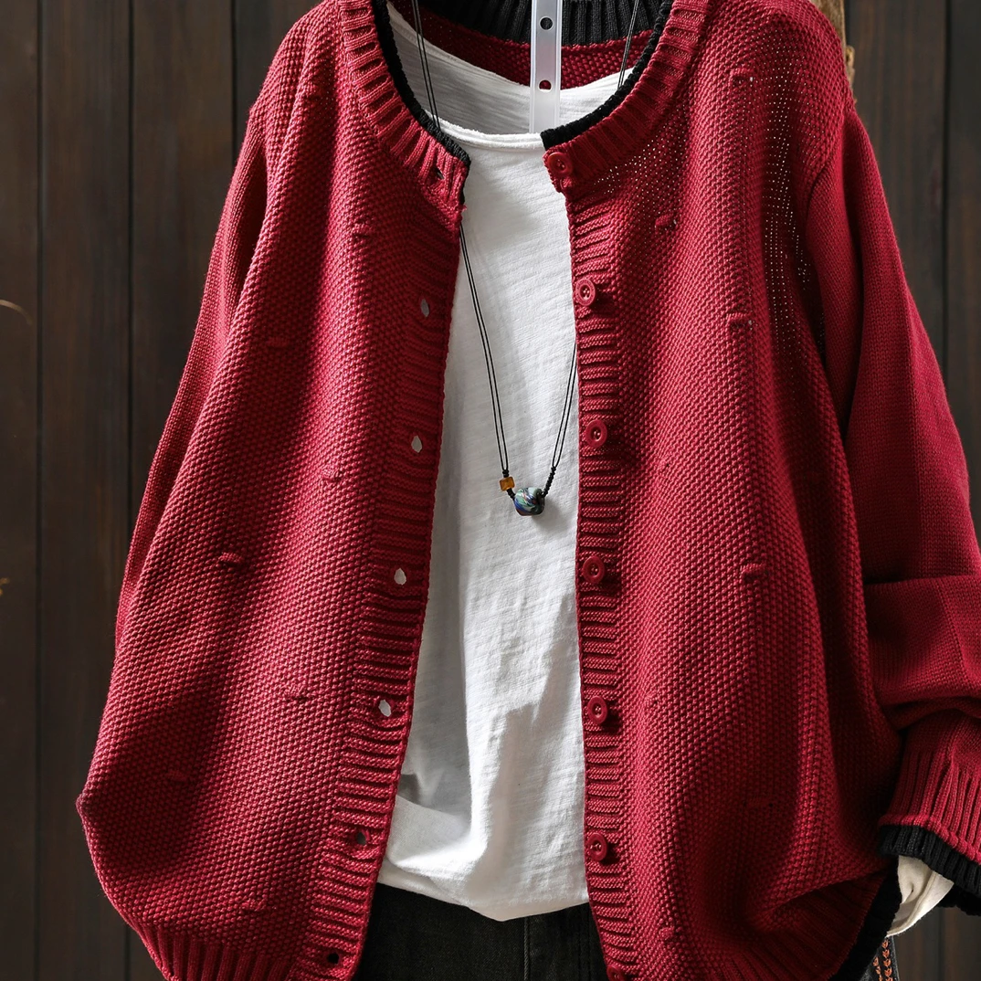 秋季新款 毛衣开衫外套女拼接棉线针织复古休闲长袖上衣