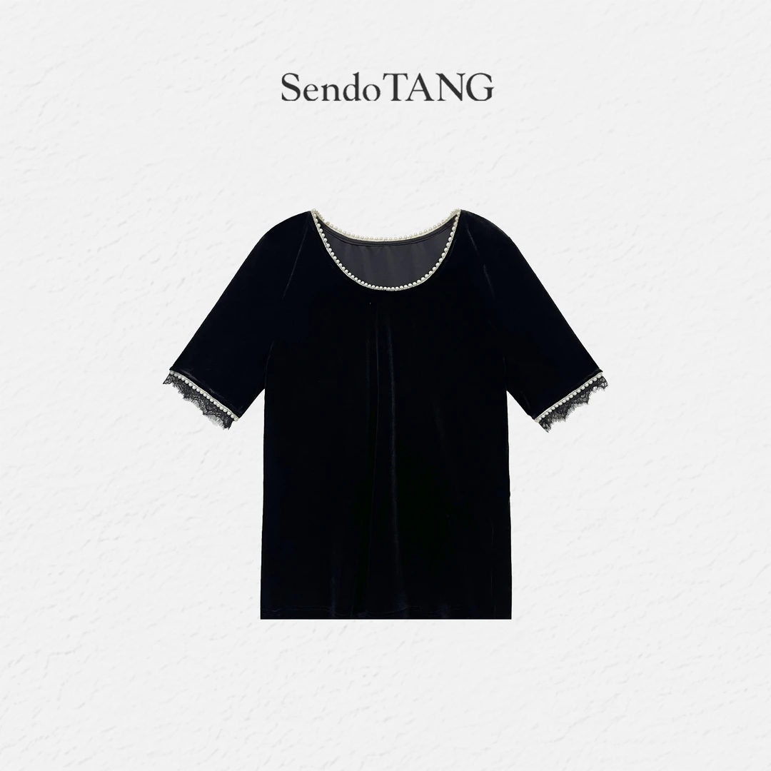 黑色丝绒短袖打底T恤胖多女装新款时尚高级感宽松显瘦【悦音】