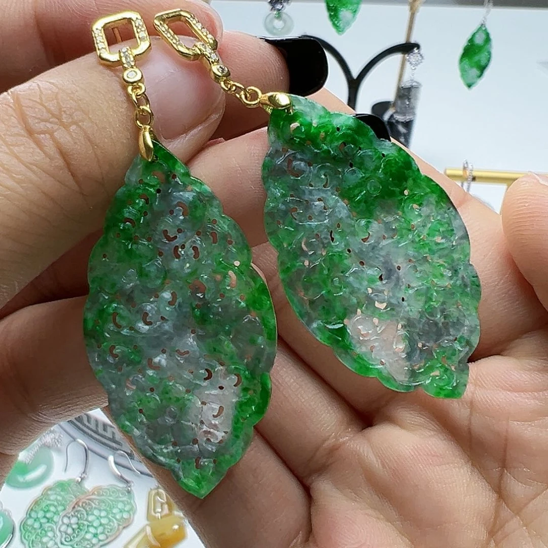 银S925镶嵌翡翠耳饰中**?天然缅甸A货翡翠