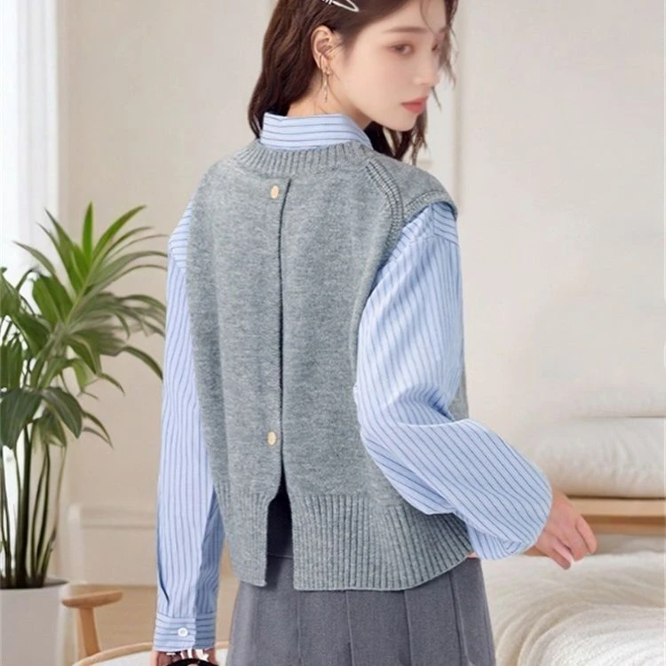 独特别致灰色短款针织马甲毛衣女装春秋圆领休闲百搭背心马夹上衣