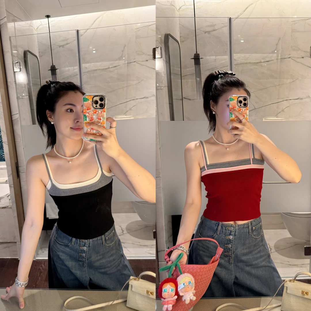 ARMS WELL王囡囡 红/黑色拼色羊毛桑蚕丝吊带背心（无胸垫）S312