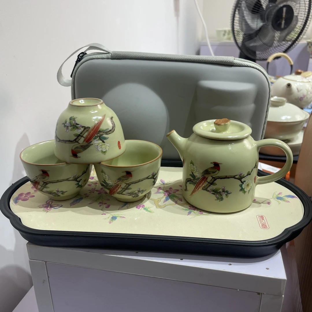 A19汝窑喜鹊报喜图茶壶旅行茶具套装带紫藤茶盘