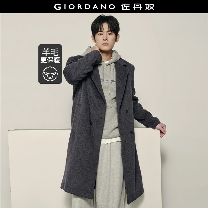 【卢正义明星款】佐丹奴男女同款平驳领双排扣中长款大衣 01074918