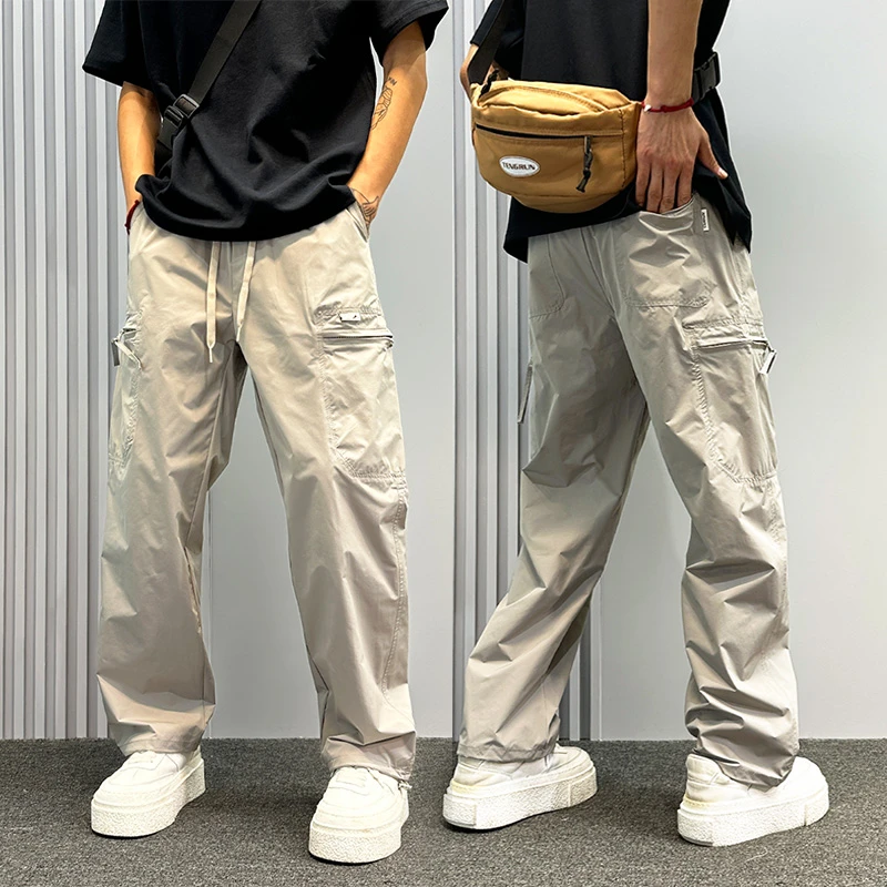 美式防盗拉链口袋工装裤男夏季薄款宽松收脚通勤休闲直筒伞兵裤子