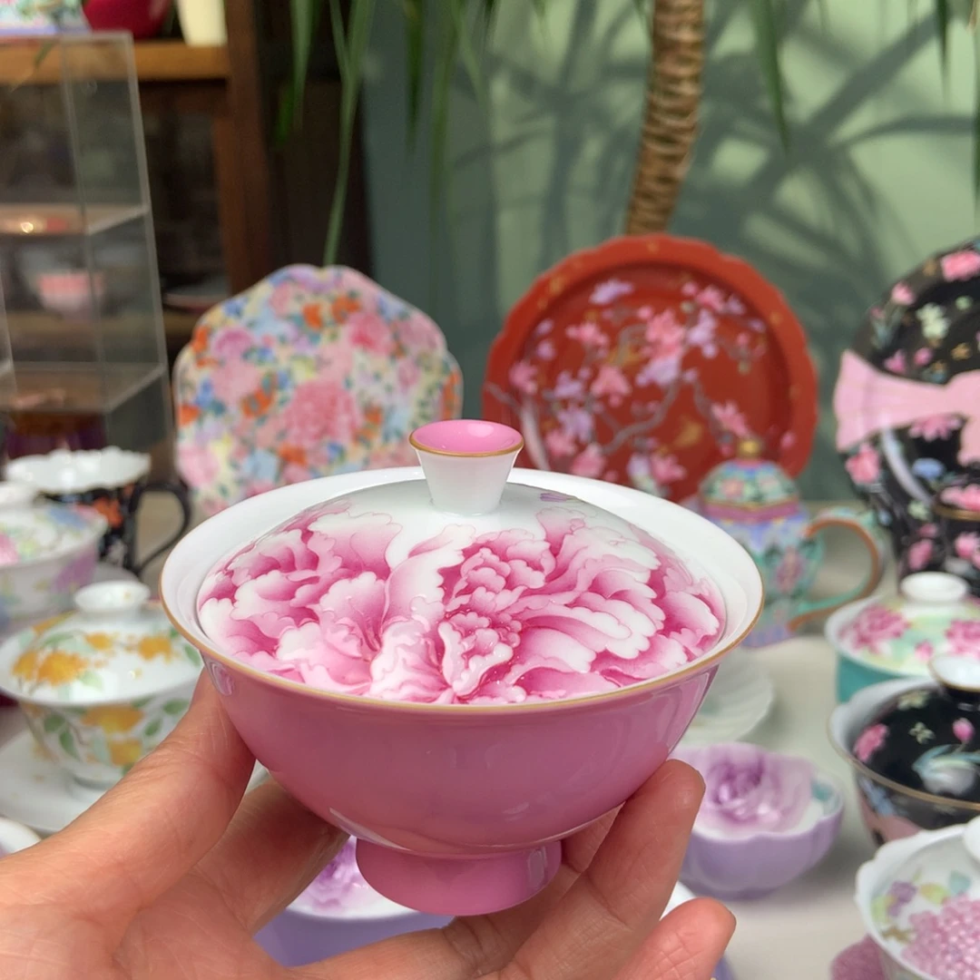 陶牡丹花斗笠盖碗景德镇