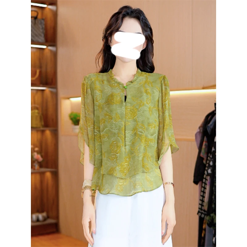 新中式高端气质衬衫女2025夏季新款设计感提花宽松休闲五分袖衬衣