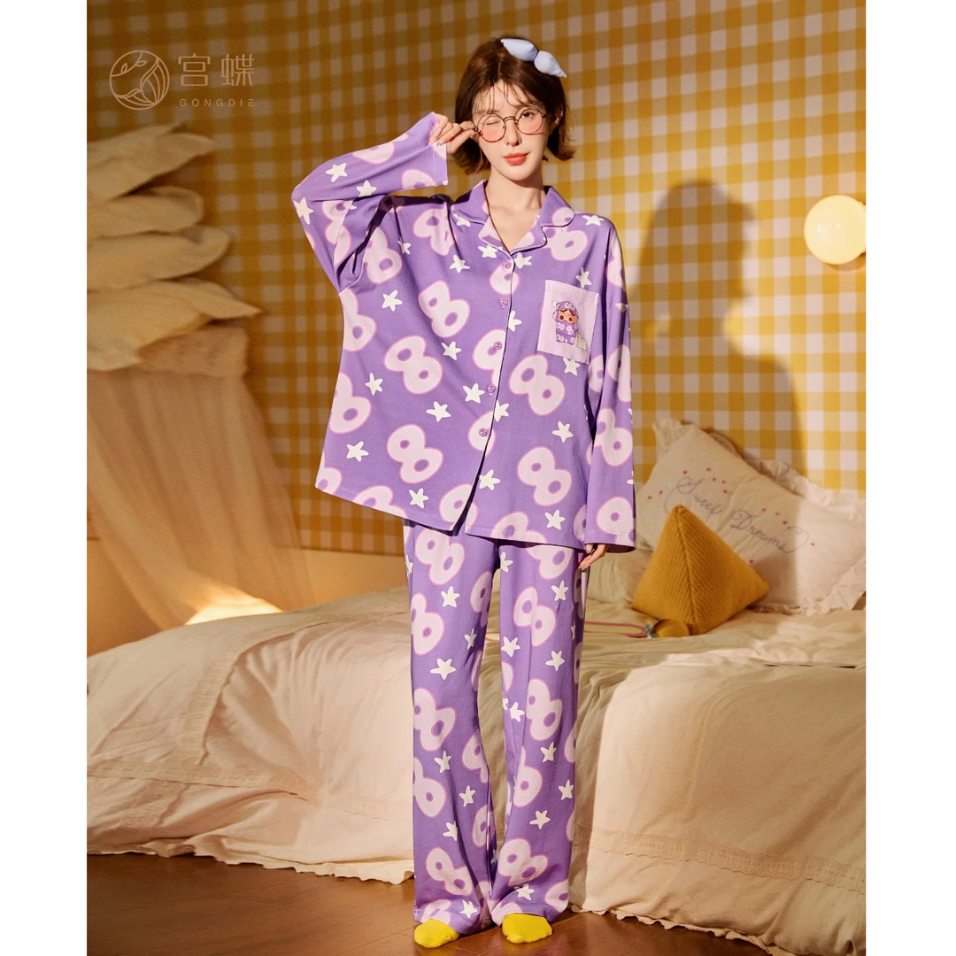 宫蝶【轻柔软】蜡笔小新睡衣女款春秋纯棉长袖套装卡通可爱家居服