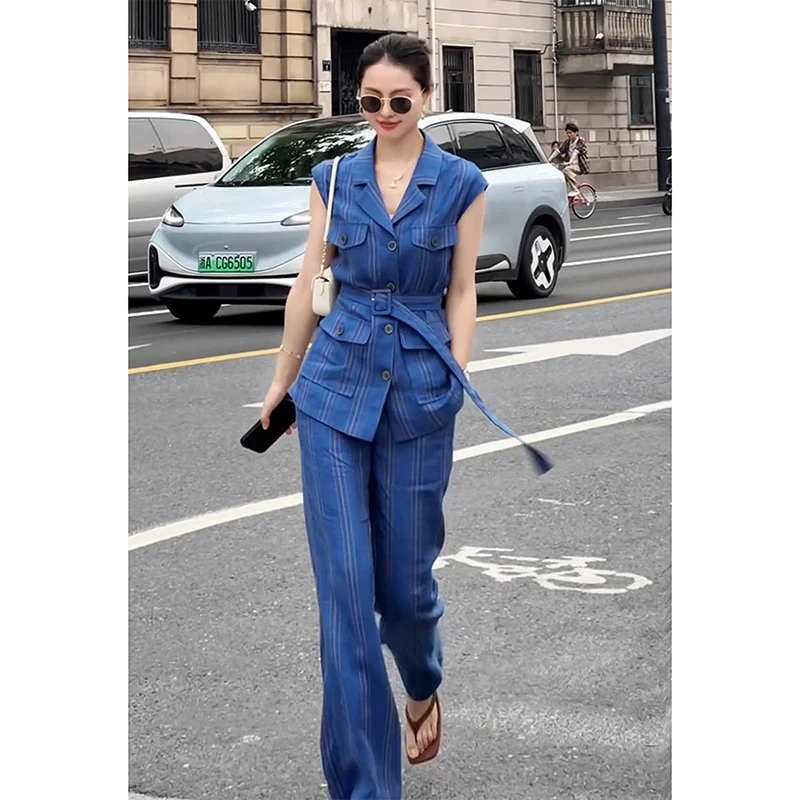 老钱风贵气感御姐穿搭气质通勤蓝色条纹马甲阔腿裤气质套装女夏季