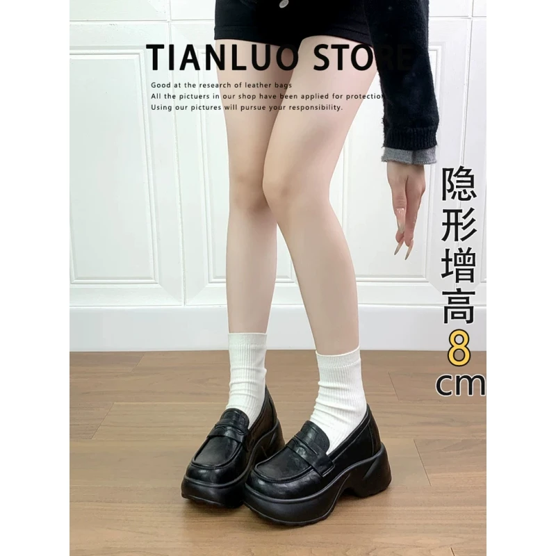 真皮厚底乐福鞋女2025新款黑色英伦风小皮鞋一脚蹬内增高复古单鞋