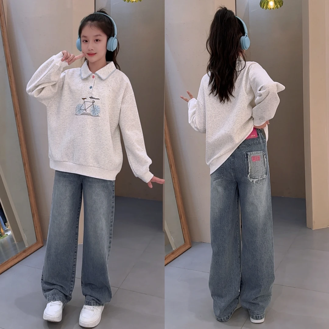 女童卫衣秋季2025新款中大童学生春秋洋气宽儿童翻领长袖烫钻上衣