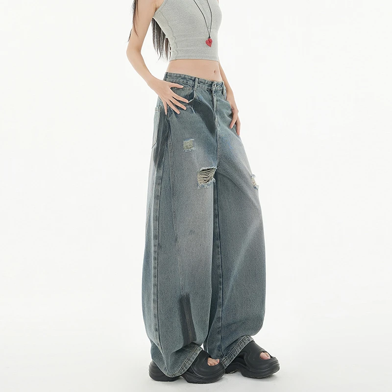 美式弯刀牛仔裤女2025春季新款做旧脏脏设计水洗男女垂感阔腿裤