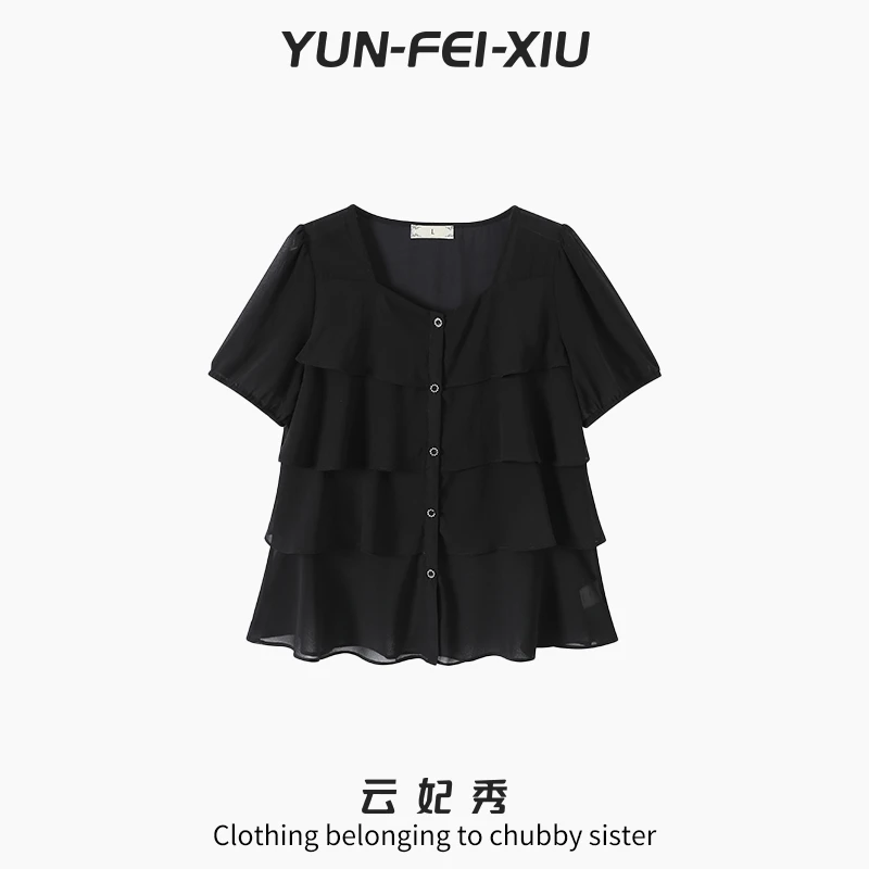 云妃秀大码女装衬衫休闲时尚胖妹妹显瘦宽松圆领上衣夏季78131