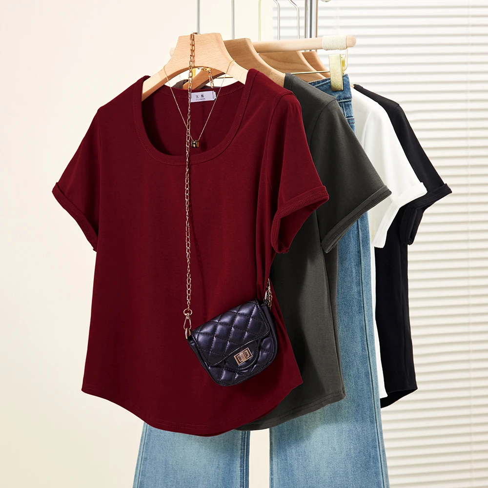 正肩短袖t恤女装2025新款夏季弧形下摆修身半袖体恤上衣