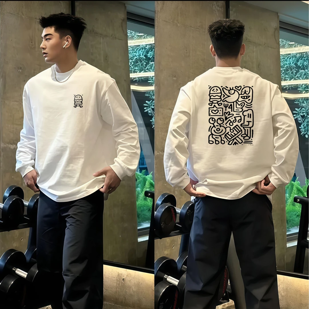 【重磅纯棉】长袖t恤男2025新款春秋美式潮牌卡通宽松百搭休闲上衣