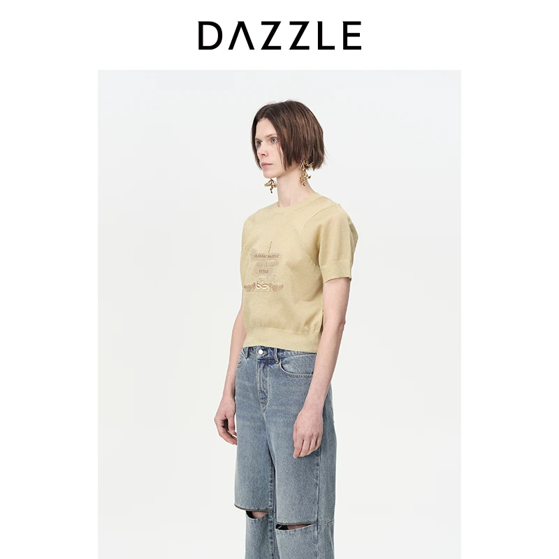 DAZZLE地素奥莱金色毛衫金线重工刺绣圆领针织上衣女2H3E352