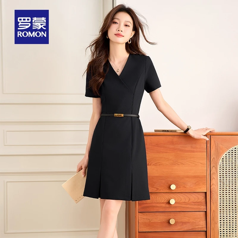罗蒙女士纯色修身连衣裙2025夏季薄款休闲百搭收腰显瘦中长款裙子