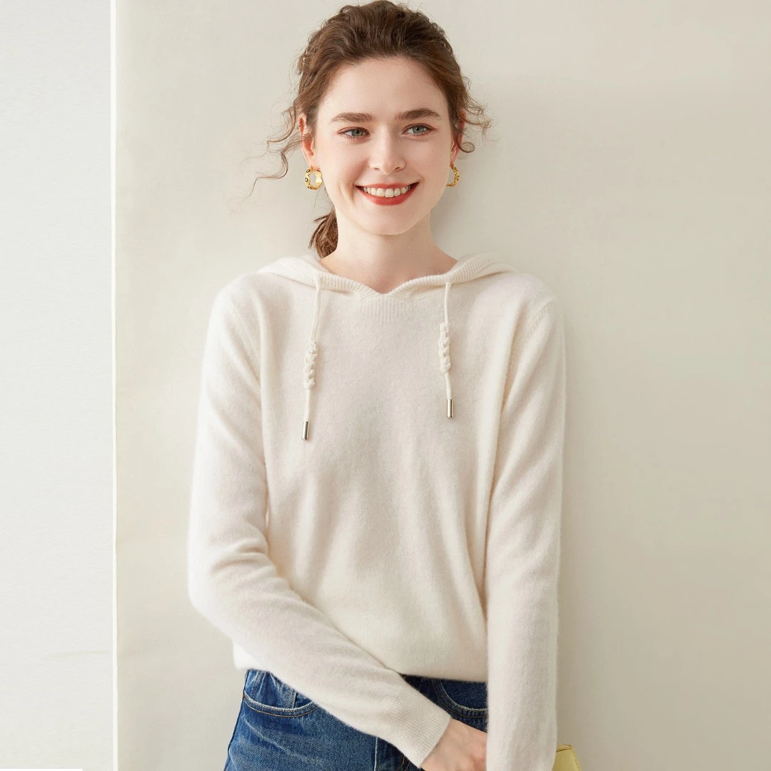 山羊绒帽衫女纯色秋冬宽松连帽毛衣羊绒针织打底衫带帽卫衣减龄