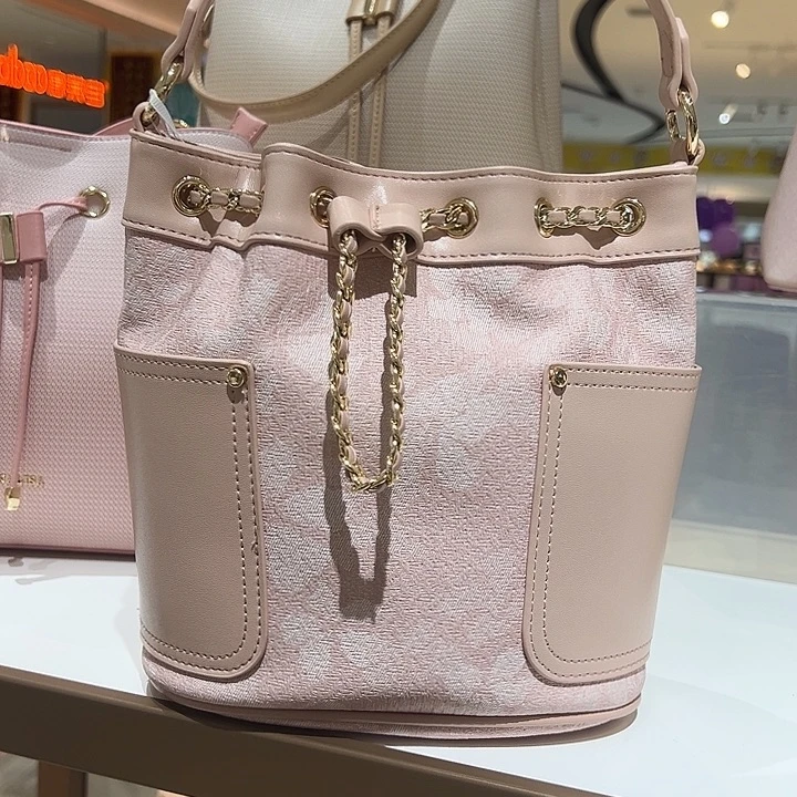 牦牛剖层皮革蒙娜丽莎女包水桶粉色