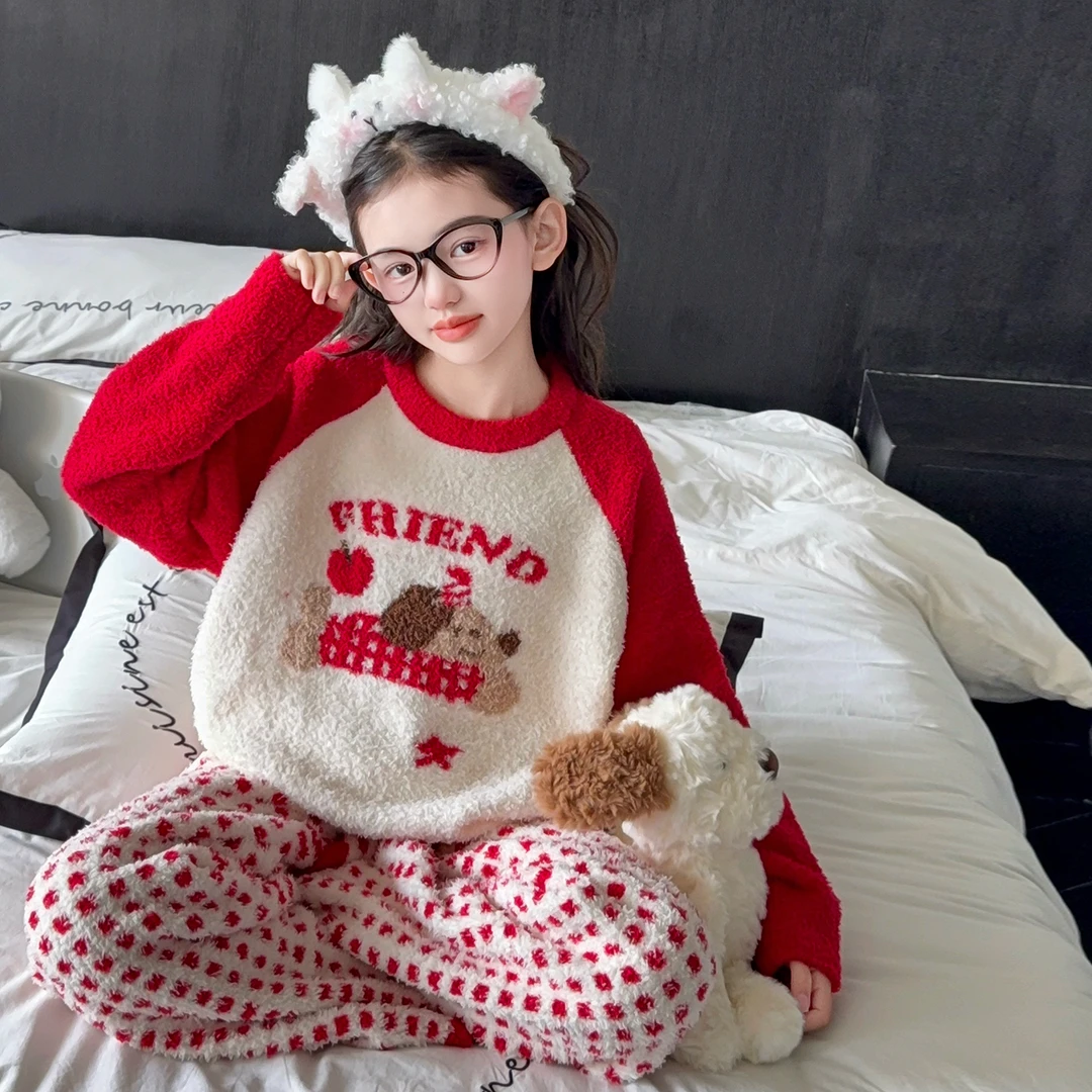 女童冬季保暖睡衣2026新款初中生韩版半边绒家居服儿童本命年套装