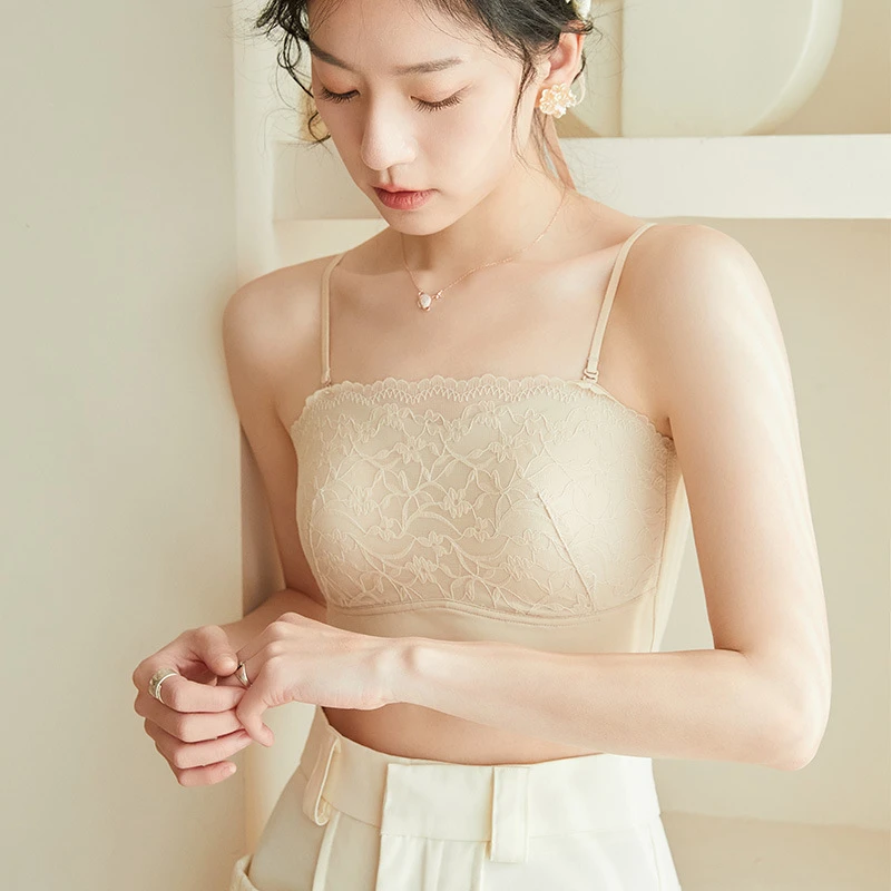 夏季新款抹胸甜美蕾丝内衣小胸聚拢上托美背吊带固定乳胶杯背心女