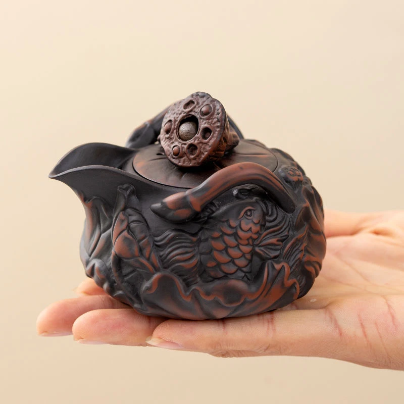 紫陶满雕荷花莲藕手抓壶