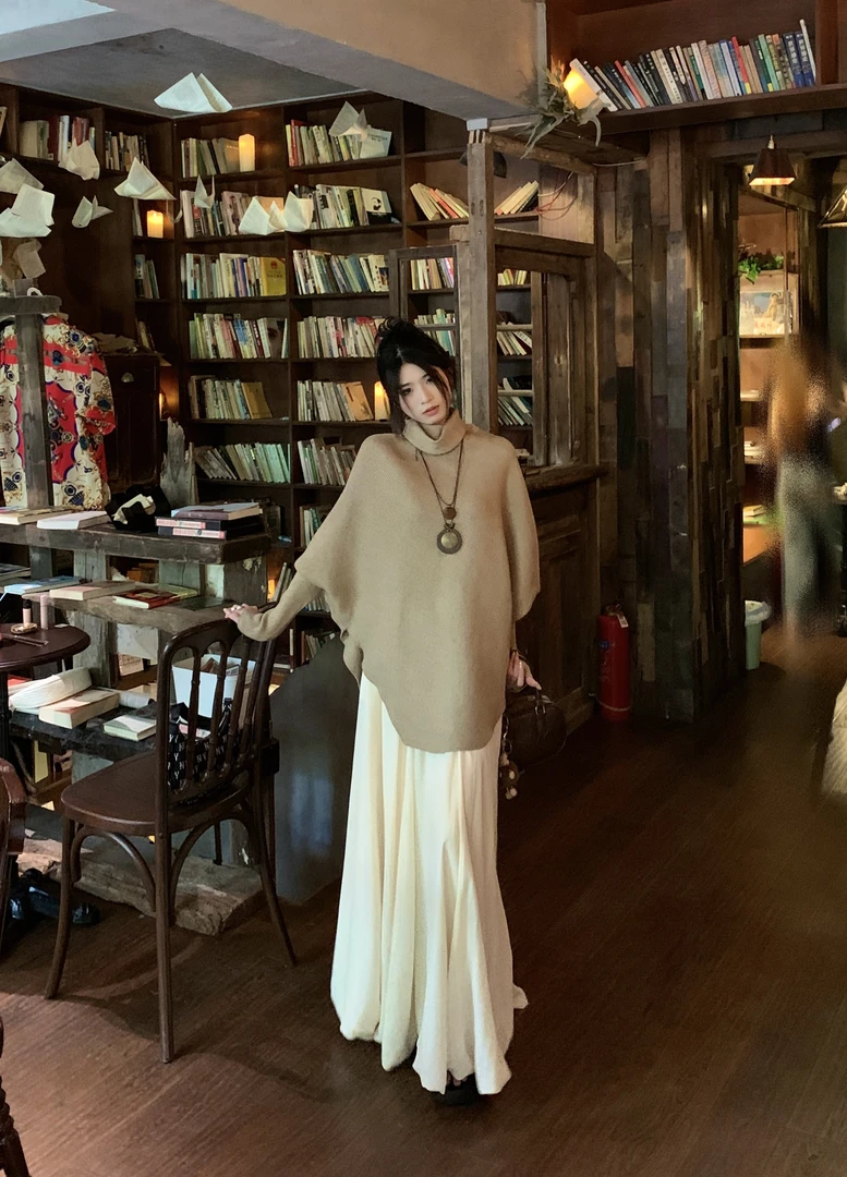 （松弛秋感）慵懒风高领针织卫衣开叉设计女新款加垂摆半身裙套装