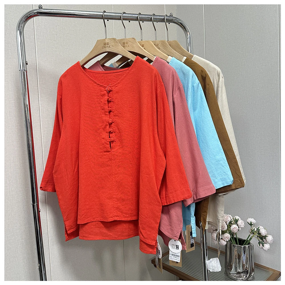 C053     夏季新款纯色国风盘扣圆领九分袖T恤休闲上衣