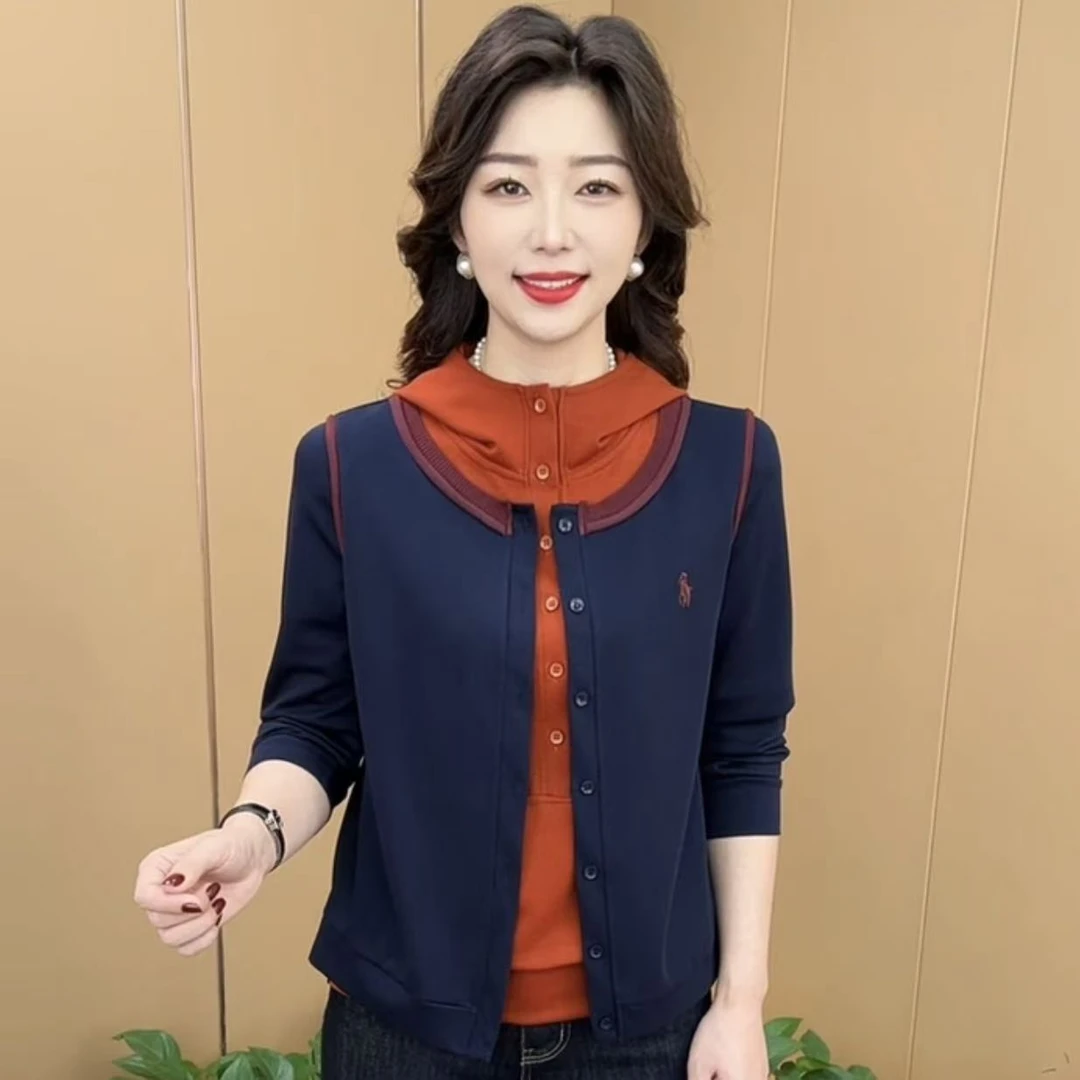 秋冬新款时尚连帽拼色常规假两件修身百搭显瘦休闲长袖上衣K2599