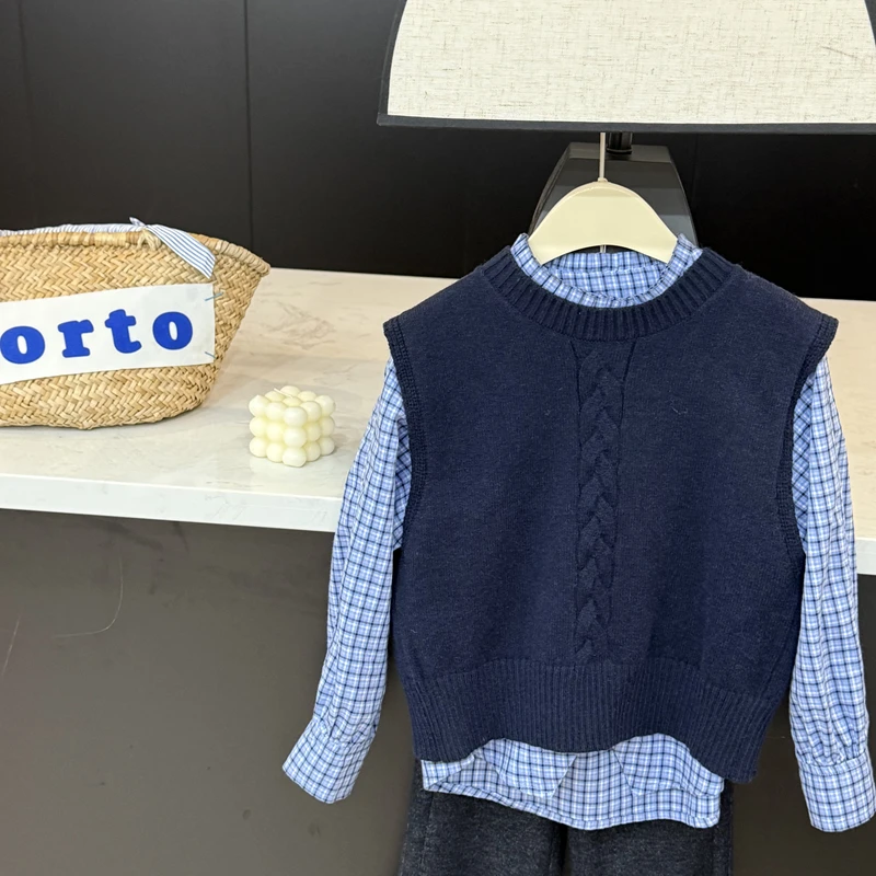 leomama女童复古麻花无袖针织马甲中大童春季新款百搭背心毛衣