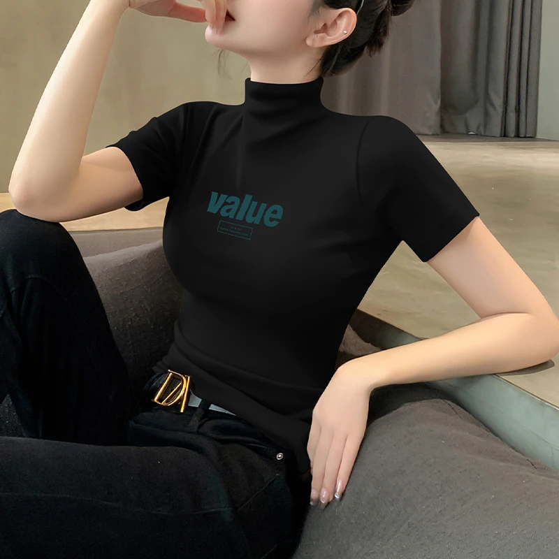 半高领短袖女t恤春夏2025新款修身内搭印花半袖莫代尔打底衫上衣