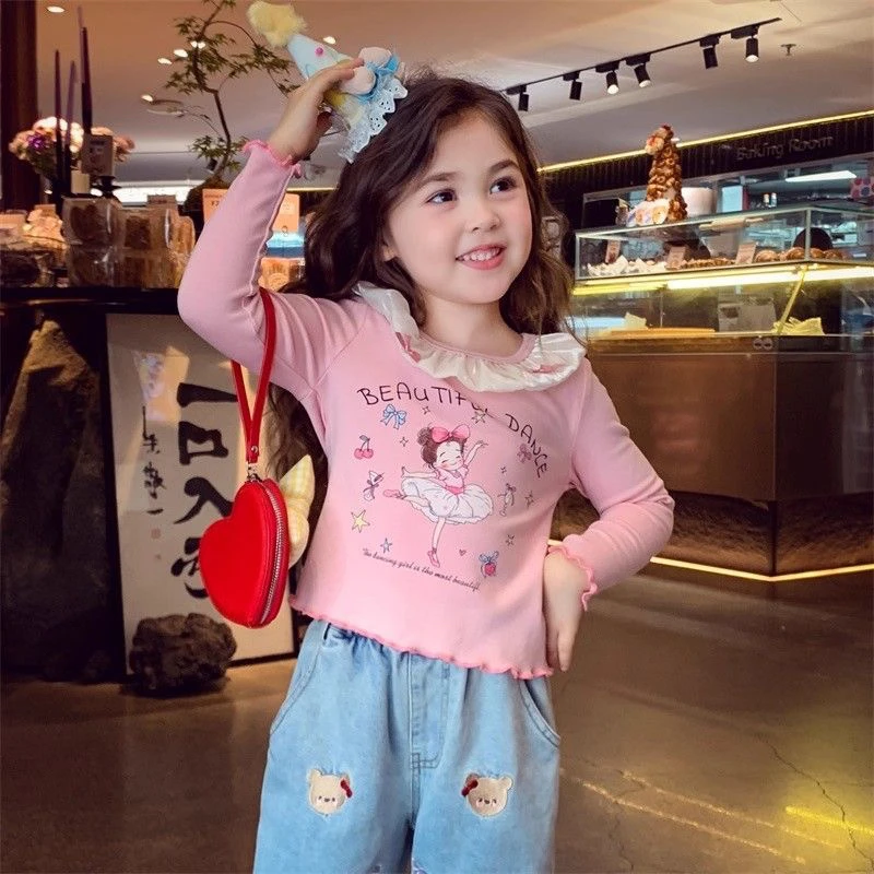 女童长袖t恤秋装2025新款儿童蝴蝶结蕾丝花边中大童上衣打底衫ins