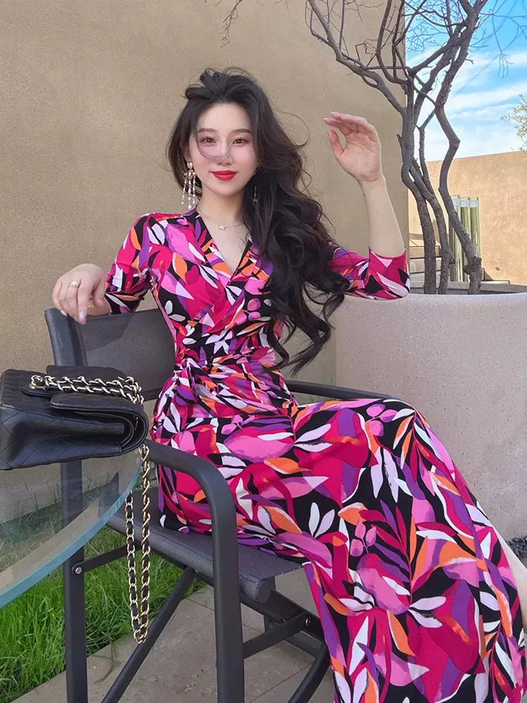 缤纷夏叶 裹身裙一片式时尚气质修身印花连衣裙茶歇裙 女装连衣裙