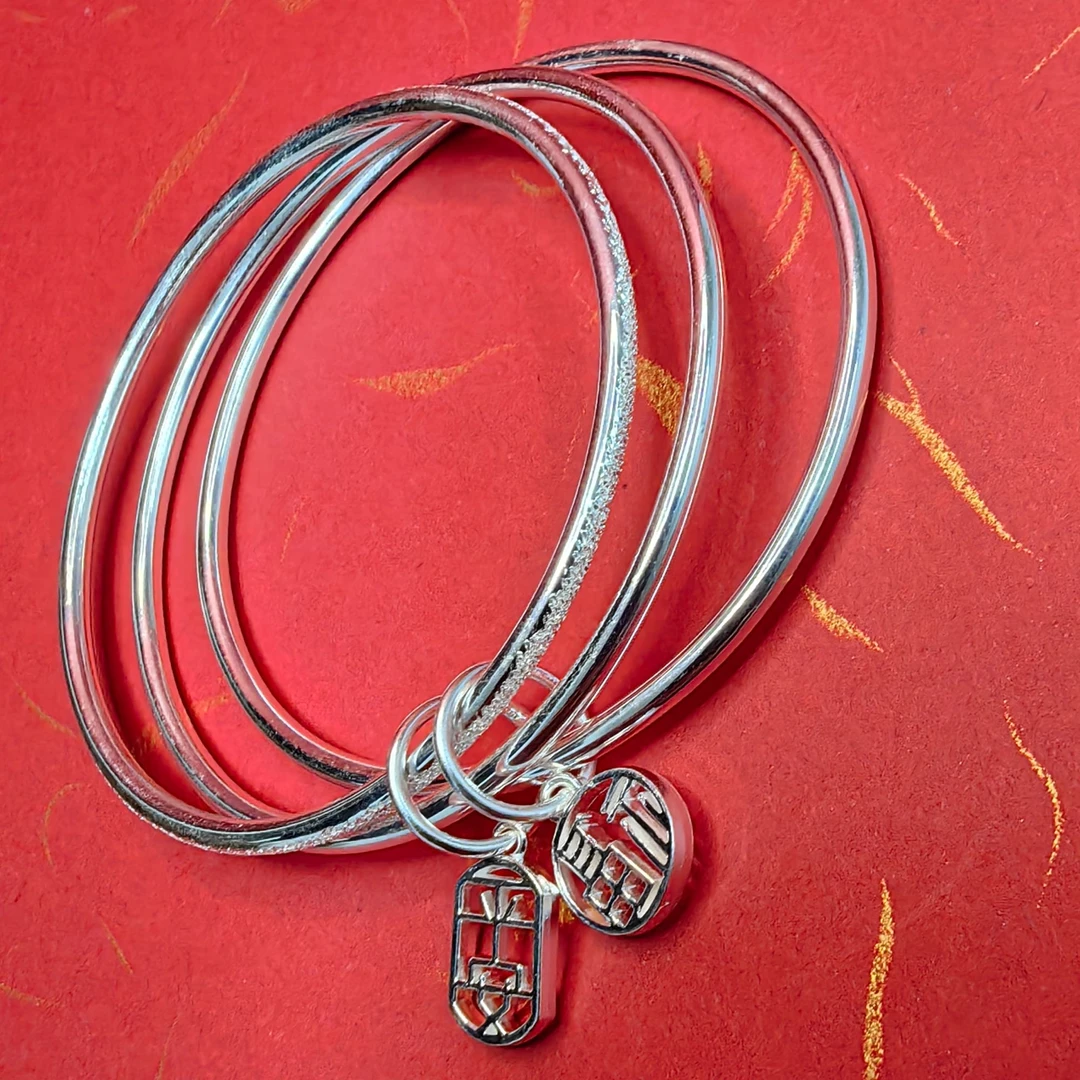 足银手镯 三生三世 平安福牌 足银手镯 气质时尚百搭精美福字牌