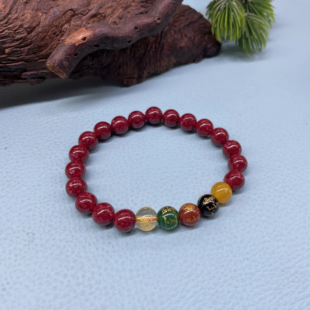 天然辰砂8MM全透五福临门手串   全透晶体